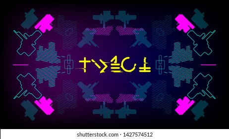 cyberpunk robot futuristic interface abstract geometric pattern and fictional hieroglyphs