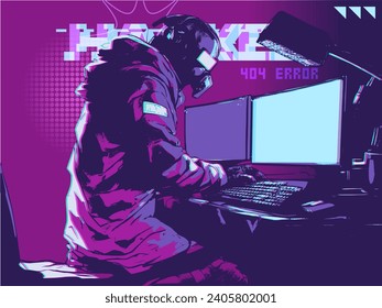 Cyberpunk Robot Hacker with Computer Set besides, Cel Based Vector Illustration