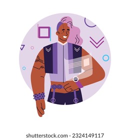 Cyberpunk robotic human uses artificial intelligence devices and future technologies. Wristwatch with virtual reality. Scientific innovation concept. Vector cartoon illustration on white background