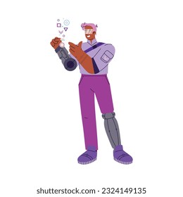 Cyberpunk robotic human uses artificial intelligence devices and future technologies. Humanoid with bionic implants and prothesisis. Vector cartoon illustration isolated on white background.