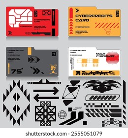 cyberpunk scifi credit card banking set icon pattern HUD ux ui set collection template, 2d illustration rendering vector element