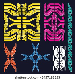 cyberpunk scifi gaming futuristic icon pattern seamless decal set collection template, 2d illustration rendering vector element
