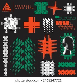 cyberpunk scifi gaming futuristic icon pattern HUD ux ui set collection template, 2d illustration rendering vector element