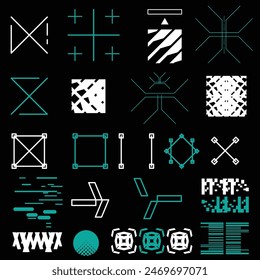 cyberpunk scifi gaming futuristic icon pattern HUD ux ui set collection template, 2d illustration rendering vector element