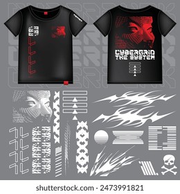 cyberpunk scifi gaming futuristic icon pattern  set collection template for fashion tshirt decoration decal, 2d illustration rendering vector element