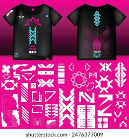 cyberpunk scifi gaming futuristic icon pattern  set collection template hud for branding fashion t-shirt decoration decal, 2d illustration rendering vector element