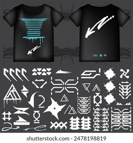 cyberpunk scifi gaming futuristic icon pattern  set collection template hud for branding fashion t-shirt decoration decal, 2d illustration rendering vector element