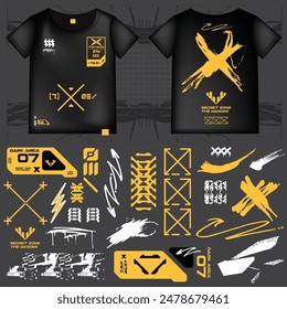 cyberpunk scifi gaming futuristic icon pattern set collection template hud for branding fashion t-shirt decoration decal, 2d illustration rendering vector element
