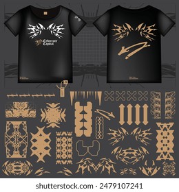 cyberpunk scifi gaming futuristic icon pattern  set collection template hud for branding fashion t-shirt decoration decal, 2d illustration rendering vector element