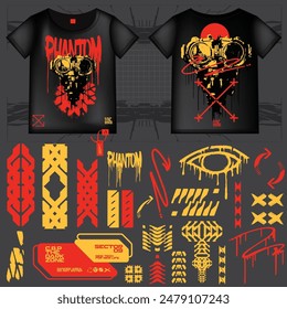 cyberpunk scifi gaming futuristic icon pattern  set collection template hud for branding fashion t-shirt decoration decal, 2d illustration rendering vector element