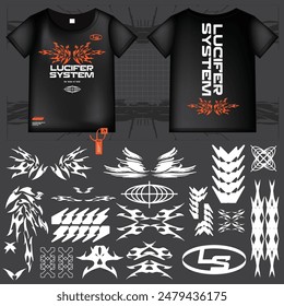 cyberpunk scifi gaming futuristic icon pattern  set collection template hud for branding fashion t-shirt decoration decal, 2d illustration rendering vector element