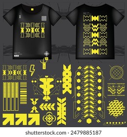 cyberpunk scifi gaming futuristic icon pattern  set collection template hud for branding fashion t-shirt decoration decal, 2d illustration rendering vector element