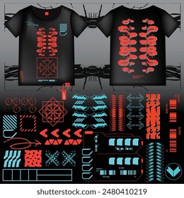 cyberpunk scifi gaming futuristic icon pattern  set collection template hud for branding fashion t-shirt decoration decal, 2d illustration rendering vector element