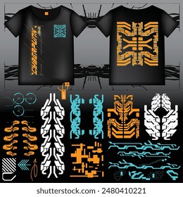 cyberpunk scifi gaming futuristic icon pattern  set collection template hud for branding fashion t-shirt decoration decal, 2d illustration rendering vector element