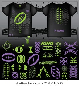 cyberpunk scifi gaming futuristic icon pattern  set collection template hud for branding fashion t-shirt decoration decal, 2d illustration rendering vector element