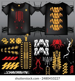 cyberpunk scifi gaming futuristic icon pattern  set collection template hud for branding fashion t-shirt decoration decal, 2d illustration rendering vector element