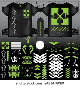 cyberpunk scifi gaming futuristic icon pattern  set collection template hud for branding fashion t-shirt decoration decal, 2d illustration rendering vector element