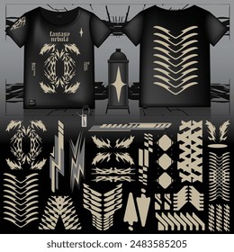 cyberpunk scifi gaming futuristic icon pattern  set collection template hud for branding fashion t-shirt decoration decal, 2d illustration rendering vector element