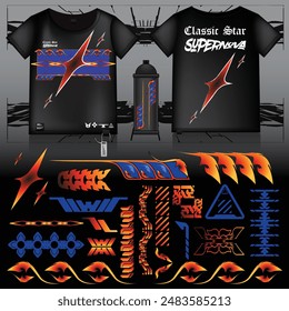cyberpunk scifi gaming futuristic icon pattern  set collection template hud for branding fashion t-shirt decoration decal, 2d illustration rendering vector element