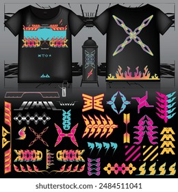 cyberpunk scifi gaming futuristic icon pattern  set collection template hud for branding fashion t-shirt decoration decal, 2d illustration rendering vector element