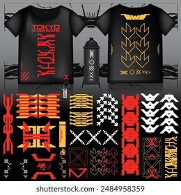 cyberpunk scifi gaming futuristic icon pattern  set collection template hud for branding fashion t-shirt decoration decal, 2d illustration rendering vector element