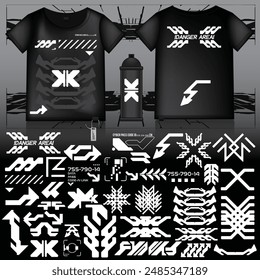 cyberpunk scifi gaming futuristic icon pattern  set collection template hud for branding fashion t-shirt decoration decal, 2d illustration rendering vector element