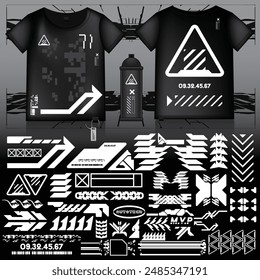 cyberpunk scifi gaming futuristic icon pattern  set collection template hud for branding fashion t-shirt decoration decal, 2d illustration rendering vector element