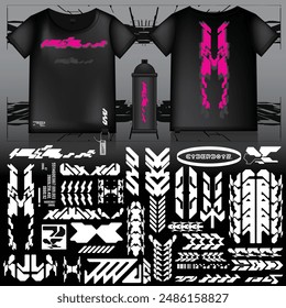 cyberpunk scifi gaming futuristic icon pattern  set collection template hud for branding fashion t-shirt decoration decal, 2d illustration rendering vector element