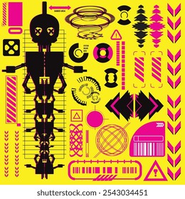 cyberpunk scifi gaming futuristic icon pattern HUD ux ui set collection template, 2d illustration rendering vector element