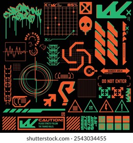 cyberpunk scifi gaming futuristic icon pattern HUD ux ui set collection template, 2d illustration rendering vector element
