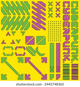 cyberpunk scifi gaming Plantilla de pegatinas de patrón sin fisuras con conjunto de colección, renderizado de Ilustración vectorial 2d