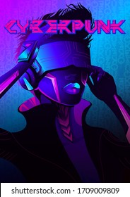 Afiche de ciencia ficción Cyberpunk. Colorida ilustración vectorial de una chica hermosa usando auriculares de realidad virtual con luces neón futuristas en segundo plano. 