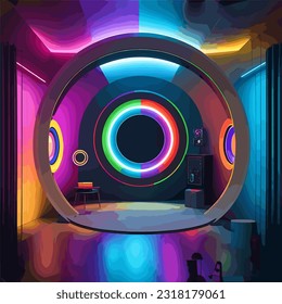 Cyberpunk sci-fi product display theater in room showcase in empty room with cyberpunk style background. Technology and entertainment object concept. 3D illustration rendering game,display,neon light.
