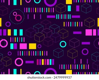 Cyberpunk seamless pattern in 80s and 90s retro futurism style. Signal error, pixel mosaic. Futuristic background for prints, wallpapers, covers, wrappers, banners and posters. Vector illustration