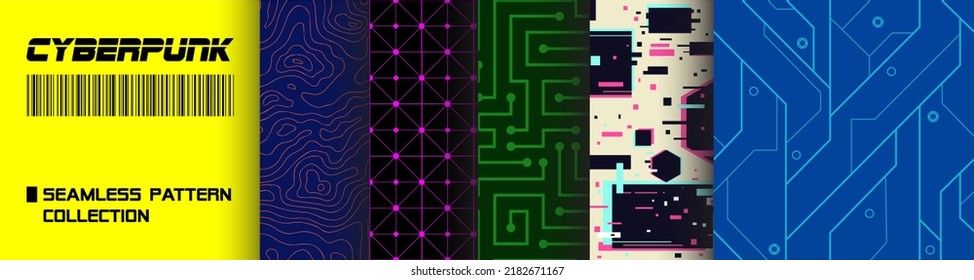Cyberpunk Seamless Pattern Collection Set, Glitch Effect, Motherboard, Integrated circuit, Contour Map, Decorative Mosaic from Future. Materials for apparel, clothes, textiles.