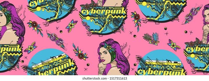 Cyberpunk seamless pattern. Cyborg girl and cybernetic world. Dark future, science fiction art 