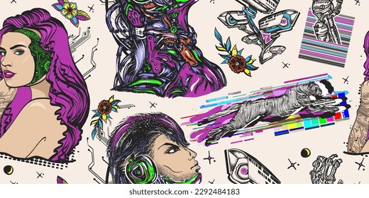 Cyberpunk. Seamless pattern. Cyborg, robot girl, web camera and running cheetah, glitch style. Old school tattoo art. Dark future style