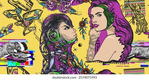 Cyberpunk. Seamless pattern. Cyborg, robot girl, web camera, glitch style. Old school tattoo art. Dark future style