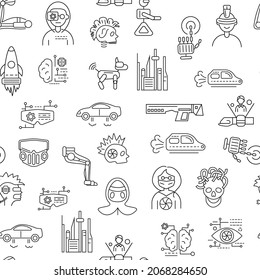 Cyberpunk seamless pattern. Futuristic city. Exoskeleton and high tech technology. Customizable symbols. Editable stroke. Isolated vector stock illustration