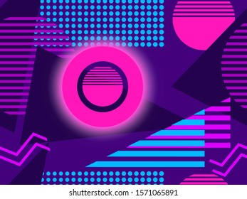 Cyberpunk seamless pattern. Retro futurism of the 80s. Neon round and memphis geometric elements. Background synthwave. Vector illustration