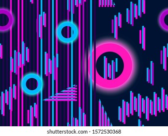 Cyberpunk seamless pattern. Retro futurism of the 80s. Neon round and linear light rays. Background synthwave. Vector illustration