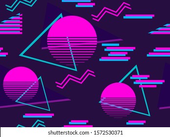 Cyberpunk Seamless Pattern. Retro Futurism Of The 80s. Memphis Geometric Elements. Background Synthwave. Vector Illustration