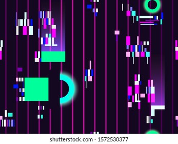 Cyberpunk seamless pattern. Retro futurism of the 80s. Neon round and linear light rays. Glitch, signal error. Background synthwave. Vector illustration