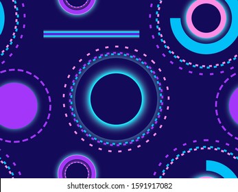 Cyberpunk seamless pattern. Retro futurism of the 80s. Neon round and linear light rays. Background synthwave. Vector illustration