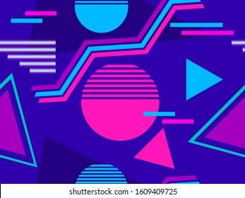 Cyberpunk Seamless Pattern. Retro Futurism Of The 80s. Memphis Geometric Elements. Background Synthwave. Vector Illustration