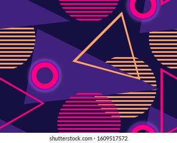 Cyberpunk seamless pattern. Retro futurism of the 80s. Neon round and linear light rays. Background synthwave. Vector illustration