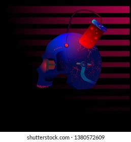 cyberpunk skull with an eye implant, a capsule in the head and built-in devices