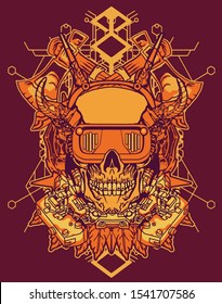 cyberpunk skull halftone line vector for t shirt design with sacred geometry background