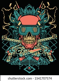cyberpunk skull with halftone pink blue for poster and t-shirt