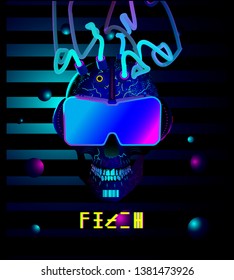 Cyberpunk skull with headphones, implants, virtual reality goggles and tubes from the head